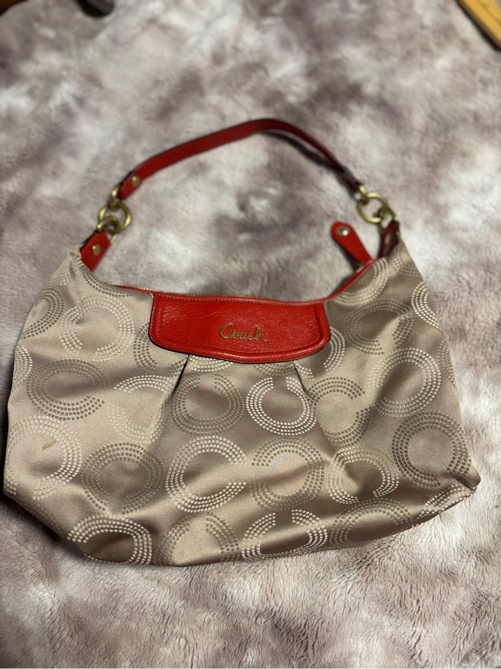 Coach Signature Jacquard Hobo Shoulder Bag Tan Red Leather Trim Gold Hardware
